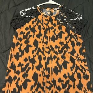 SHEIN Black and Brown Leopard Print Blouse with Lace